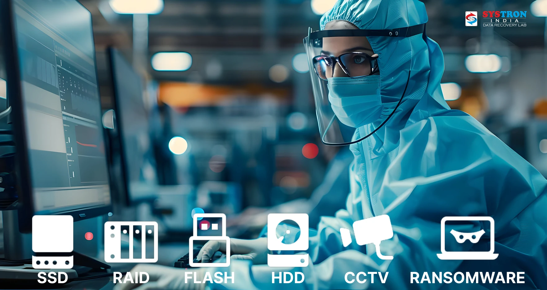 A data recovery specialist retrieving lost files from a damaged hard drive in a professional lab.